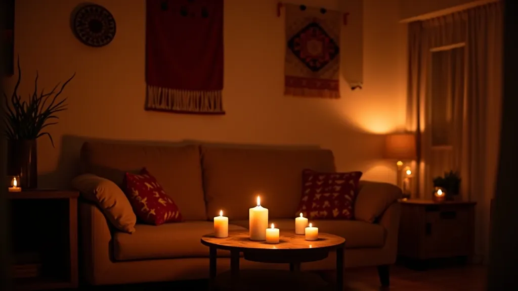 Warm candlelit living room with soft amber glow illuminating wooden furniture and textured walls