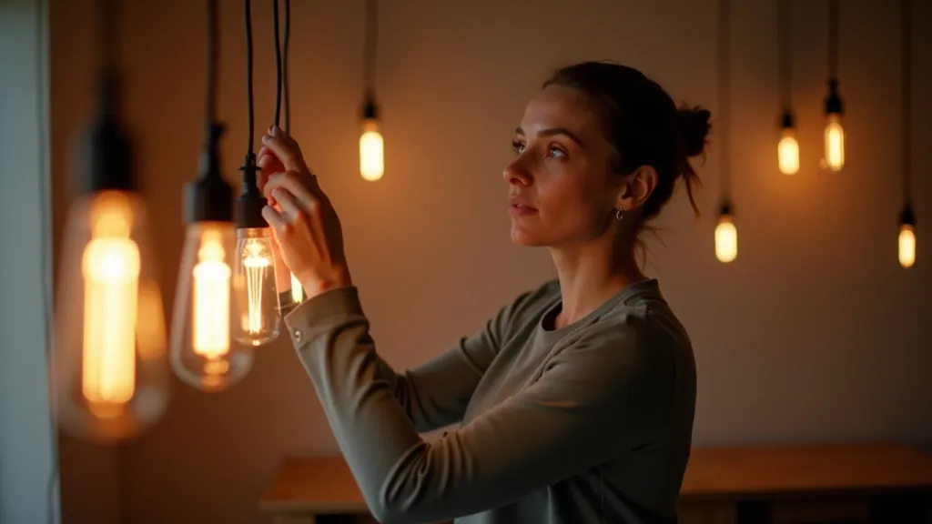 Designer adjusting warm pendant lights in modern living room to demonstrate layered lighting setup for mood-based design
