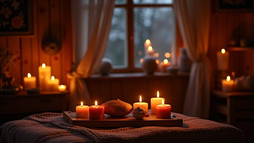 Latvian home interior during winter holidays with multiple candles creating warm glow throughout living space