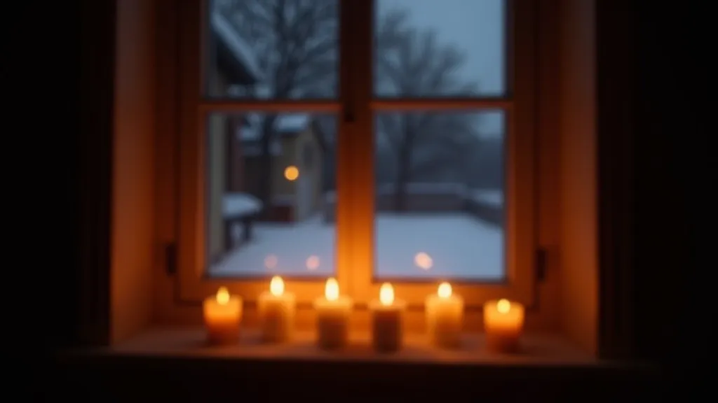 Latvian home showing seasonal lighting differences with warm candles in winter window display and bright natural light in summer setting