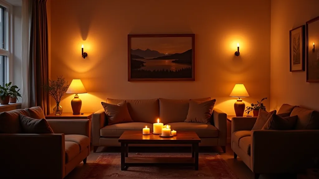 Modern Latvian living room with layered warm lighting including table lamps, wall sconces, and ambient fixtures creating traditional atmosphere