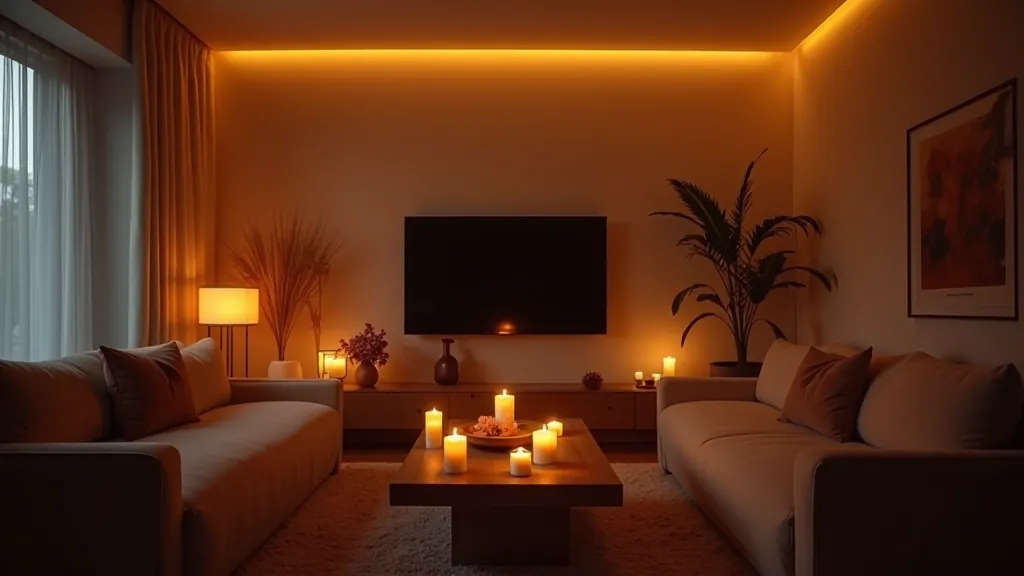Modern living room with evenly distributed ceiling lights creating soft ambient illumination throughout the space