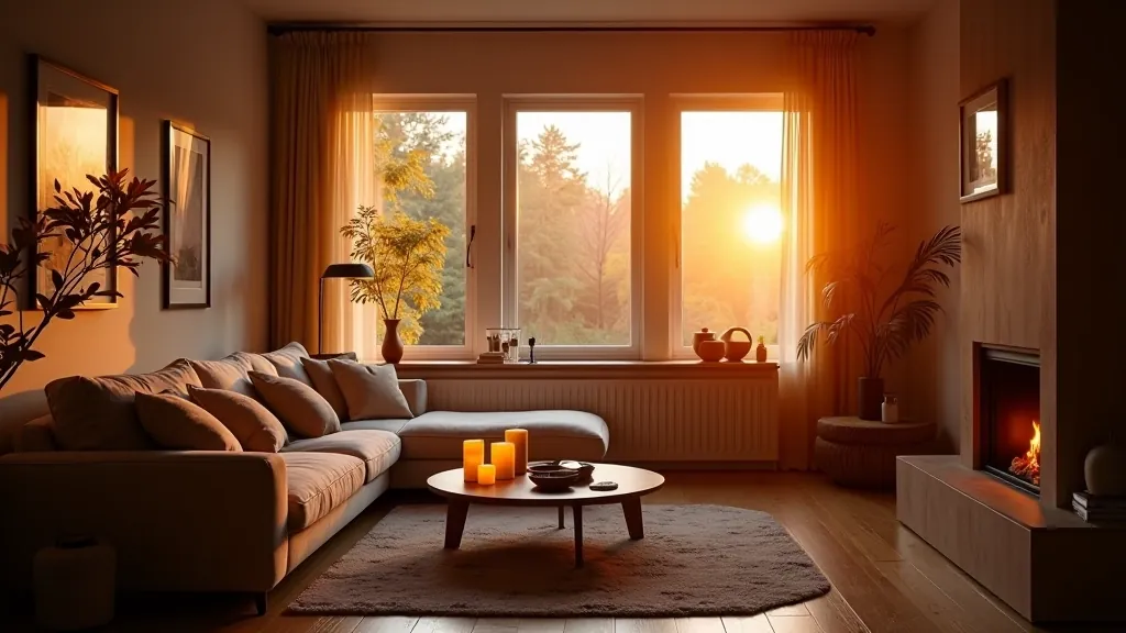 Modern living room with layered warm lighting creating ambient atmosphere through pendant lights and wall sconces