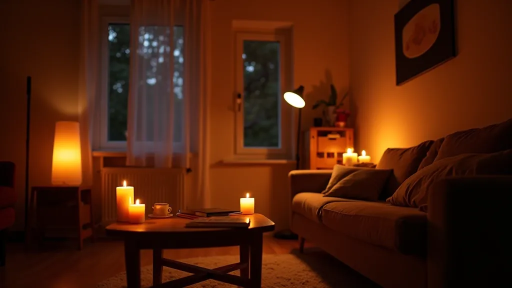 Comfortable living room with warm layered lighting from floor lamp, table lamp, and dimmed overhead light creating inviting evening ambiance